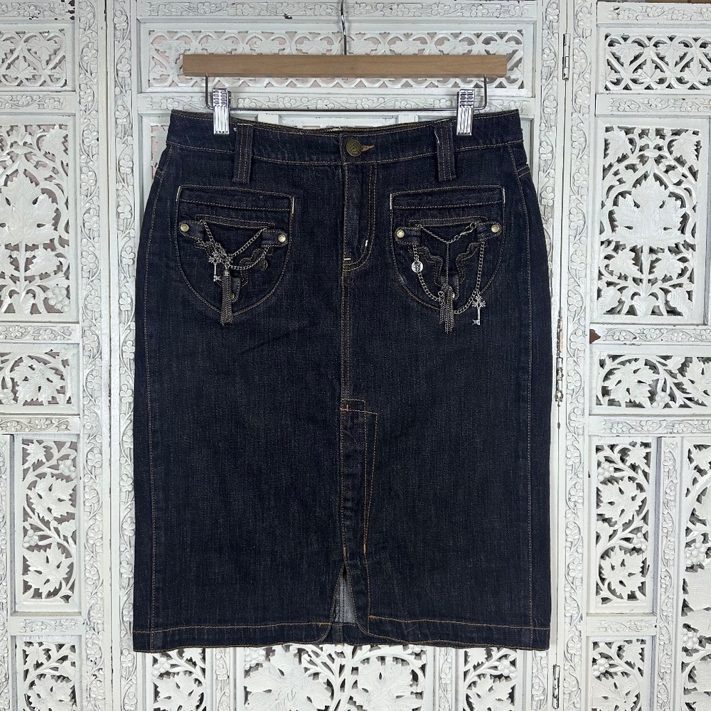 Y2K Jeanstar Dark Wash Grunge Punk Streetwear Denim Skirt With Metal Charms Sz 8